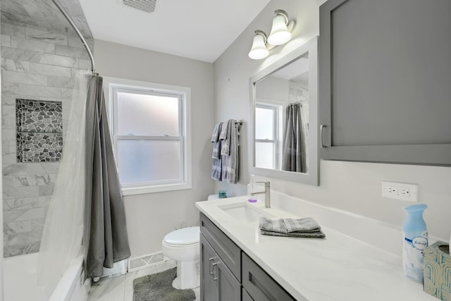 full bathroom with vanity, toilet, and shower / bathtub combination with curtain