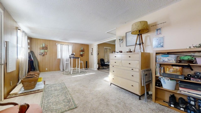 misc room with a textured ceiling, wooden walls, and light carpet