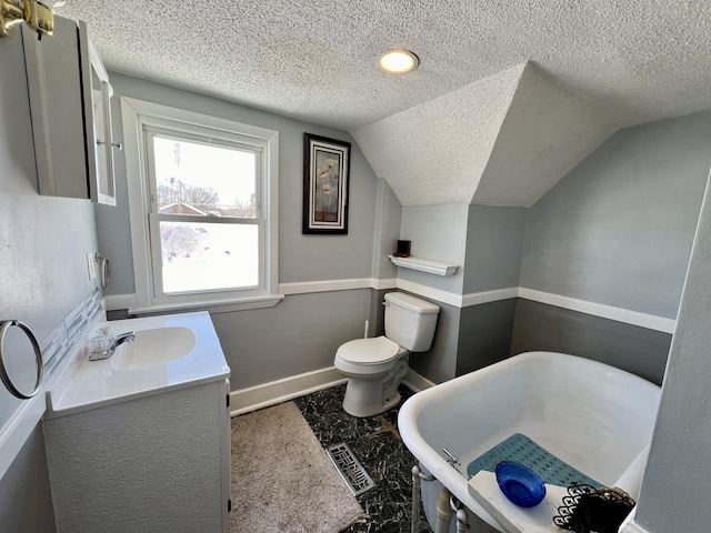 bathroom featuring lofted ceiling, toilet, vanity, and a textured ceiling