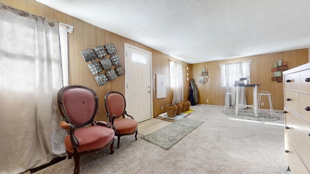 carpeted foyer featuring a textured ceiling and wood walls