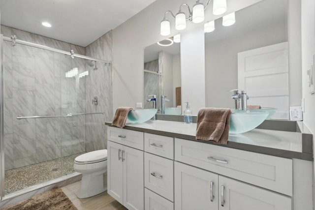 bathroom with vanity, toilet, and an enclosed shower