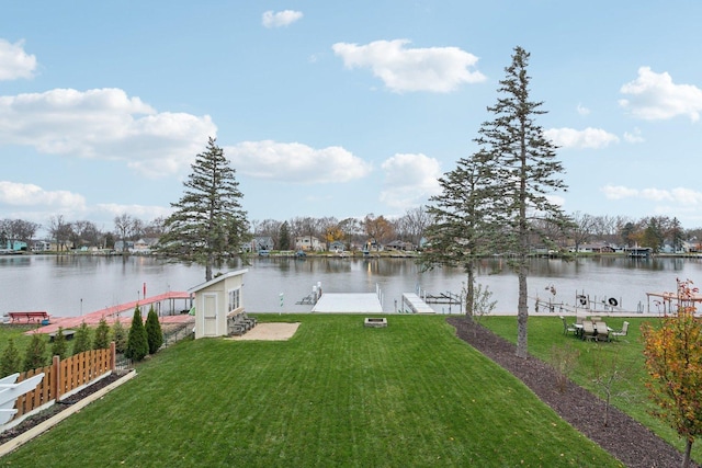 view of dock featuring a water view and a yard