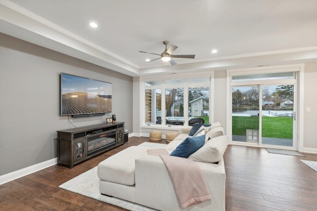 living room with ceiling fan, dark hardwood / wood-style flooring, and crown molding