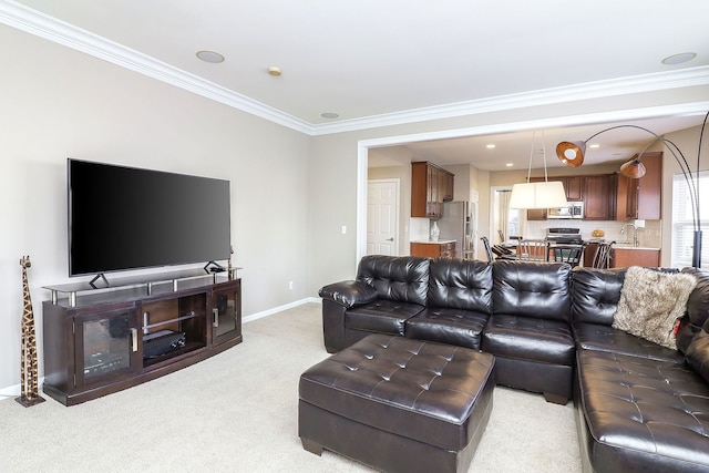 living room featuring sink, crown molding, and light carpet