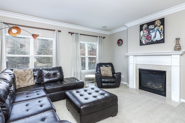 living room featuring ornamental molding, a fireplace, and light carpet