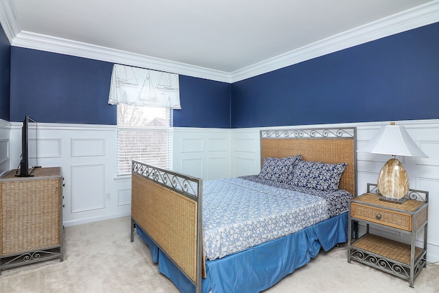 bedroom with carpet flooring and crown molding