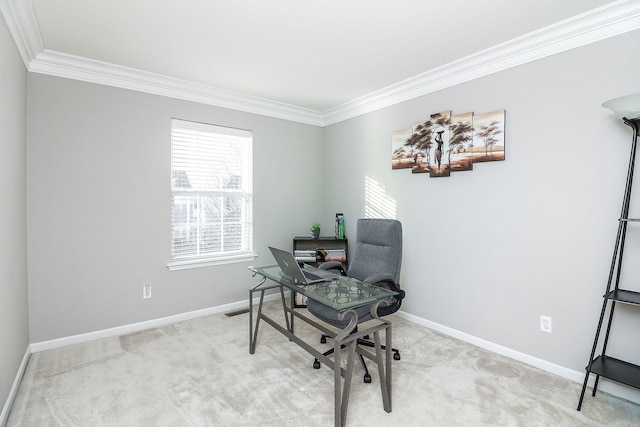 home office featuring crown molding and light colored carpet