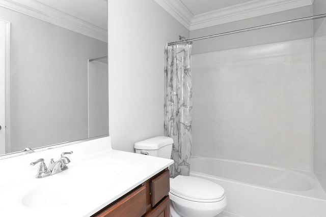 full bathroom with vanity, shower / bath combination with curtain, toilet, and ornamental molding