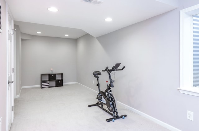 workout area featuring carpet flooring