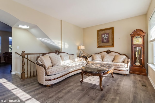 living room with dark hardwood / wood-style flooring