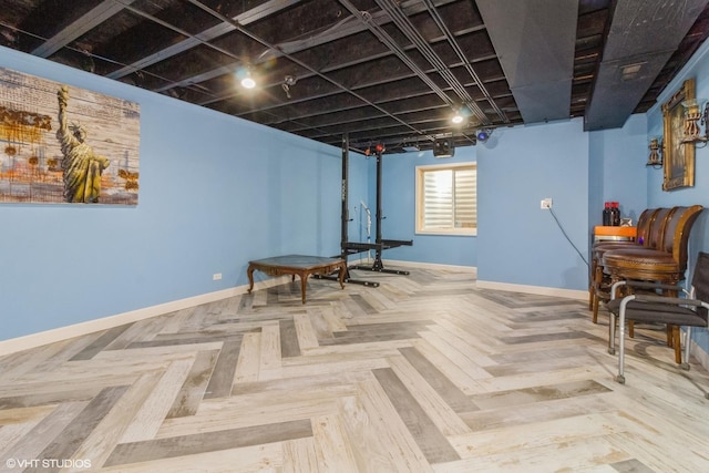 basement with parquet flooring