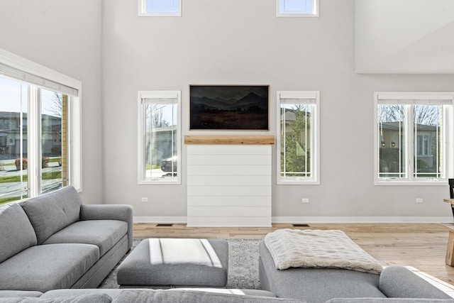 living room featuring wood-type flooring and a high ceiling