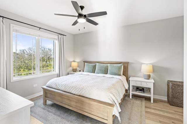 bedroom with ceiling fan and light hardwood / wood-style flooring