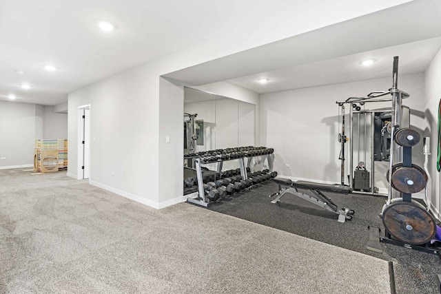 workout room featuring carpet flooring