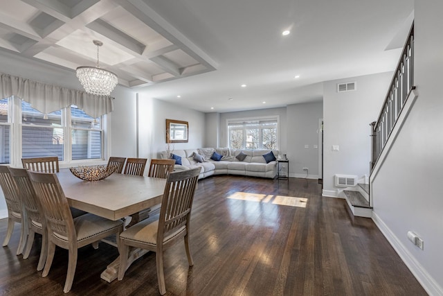 dining space with coffered ceiling, dark hardwood / wood-style floors, beamed ceiling, and an inviting chandelier