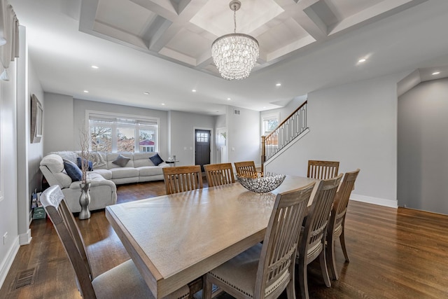 dining room featuring dark hardwood / wood-style flooring, coffered ceiling, and beamed ceiling