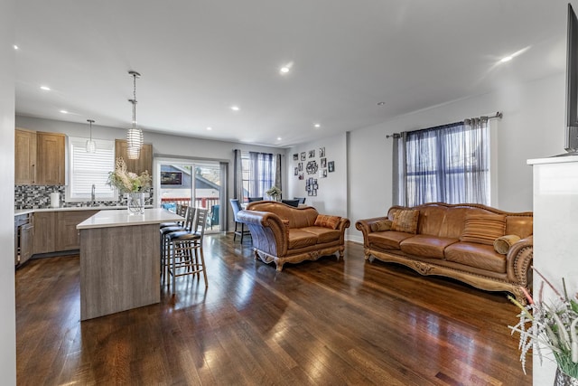 living room with dark wood-type flooring and sink