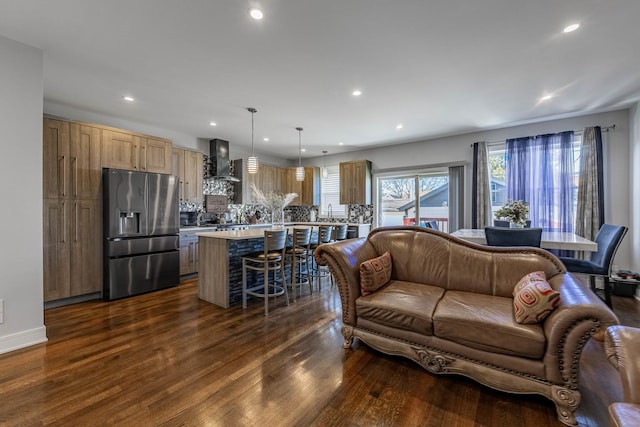 living room with dark wood-type flooring