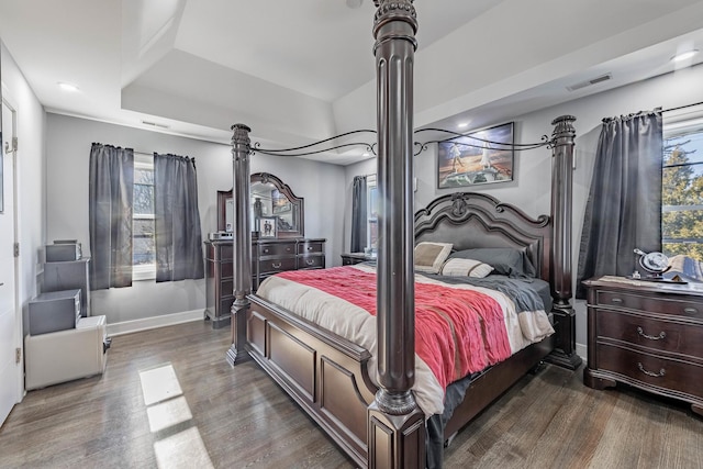 bedroom featuring dark wood-type flooring and a raised ceiling