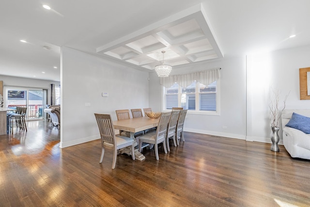 dining room featuring coffered ceiling, a notable chandelier, beam ceiling, and dark wood-type flooring