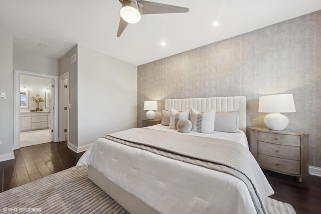 bedroom featuring connected bathroom and ceiling fan