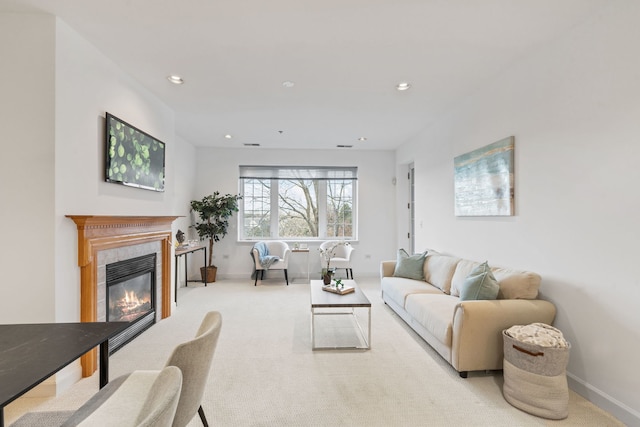 living room with light colored carpet