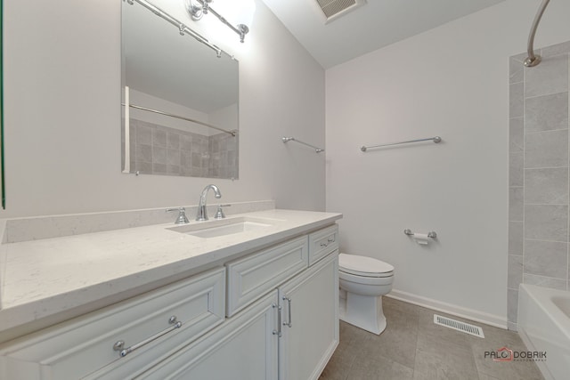 full bathroom with shower / bathing tub combination, vanity, toilet, and tile patterned floors