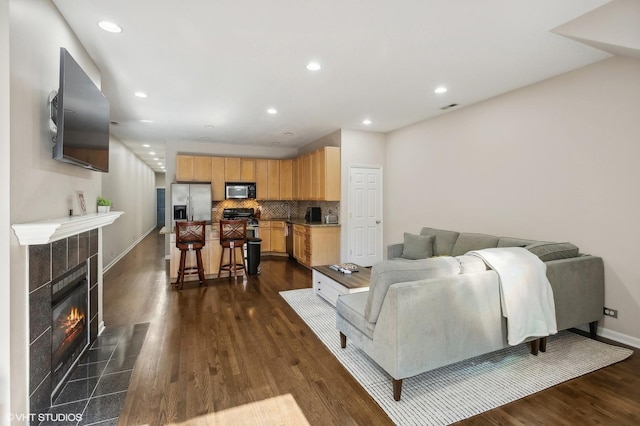 living room with a fireplace and dark wood-type flooring