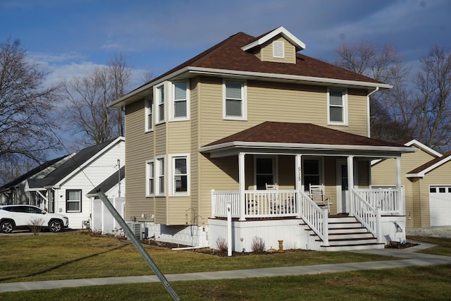 view of front facade featuring covered porch and a front lawn