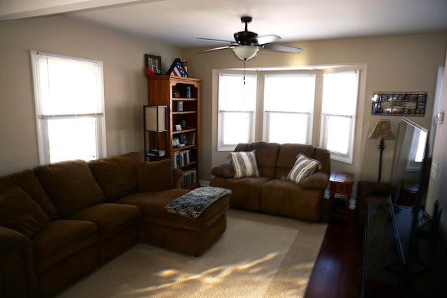 living room with dark hardwood / wood-style floors and ceiling fan