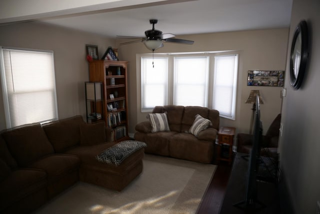 living room with wood-type flooring and ceiling fan