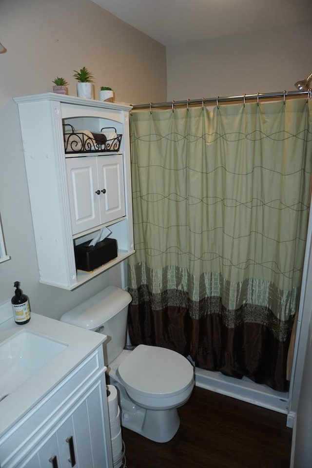 bathroom featuring vanity, wood-type flooring, and toilet