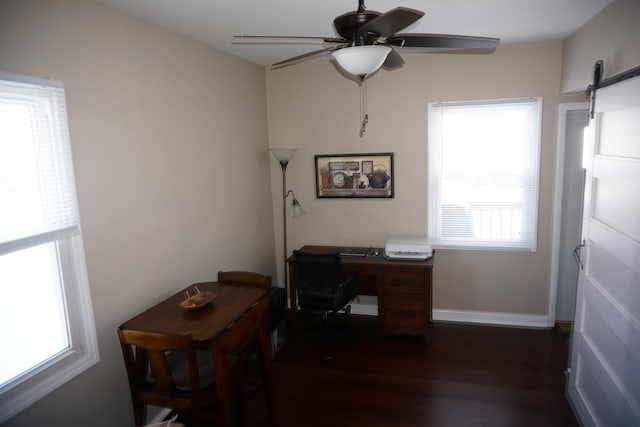 office area with dark wood-type flooring, ceiling fan, and a barn door