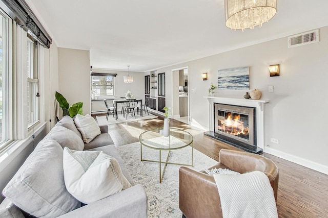 living room with wood-type flooring and an inviting chandelier