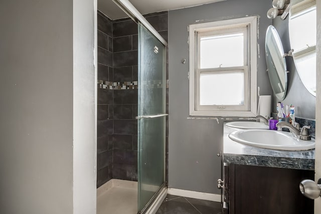 bathroom featuring tile patterned floors, vanity, and walk in shower