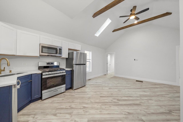 kitchen featuring white cabinetry, appliances with stainless steel finishes, blue cabinets, beam ceiling, and sink