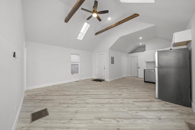 unfurnished living room featuring light hardwood / wood-style floors, electric panel, lofted ceiling with skylight, and ceiling fan