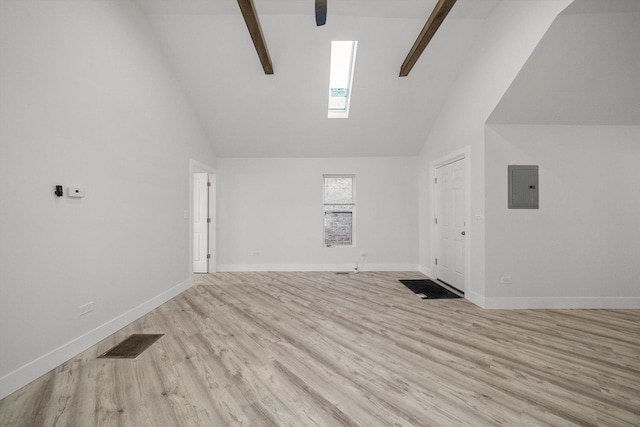 unfurnished living room featuring beam ceiling, light wood-type flooring, high vaulted ceiling, and electric panel