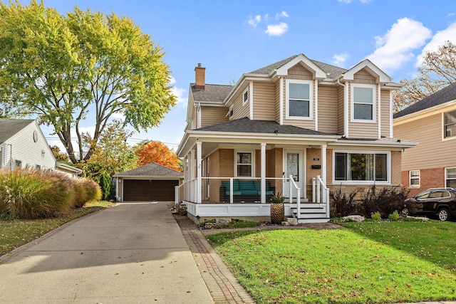 111 N Kenilworth Ave, Mount Prospect, IL 60056 - traditional-style house with an outbuilding, a chimney, covered porch, a garage, and a shingled roof