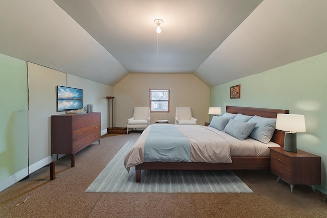 bedroom with light carpet and vaulted ceiling