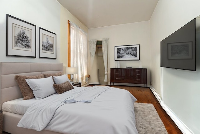 bedroom with dark hardwood / wood-style floors and a spacious closet