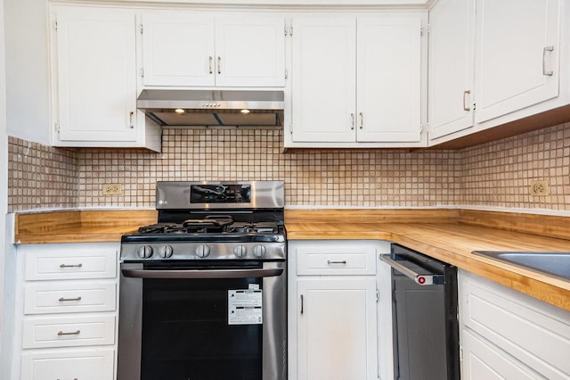 kitchen with extractor fan, stainless steel range with gas stovetop, white cabinetry, and tasteful backsplash