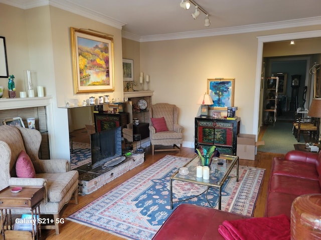 living room featuring crown molding, a fireplace, rail lighting, and wood-type flooring