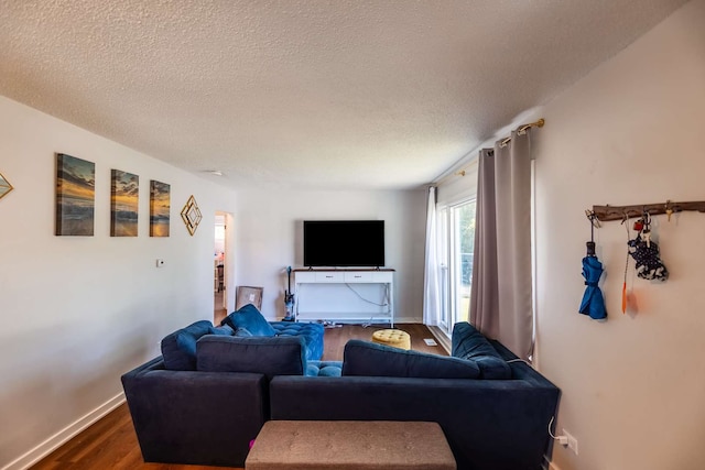 living room featuring dark hardwood / wood-style flooring and a textured ceiling