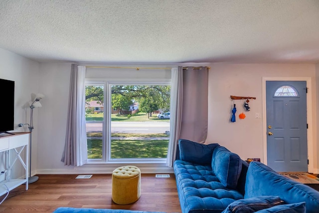 living room with wood-type flooring and a textured ceiling