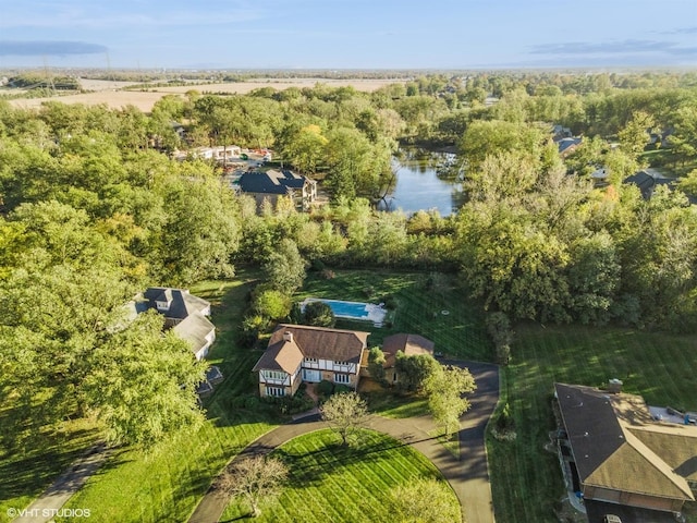 drone / aerial view with a water view