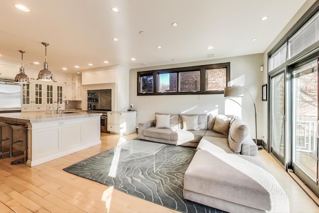 living room featuring sink and light hardwood / wood-style flooring