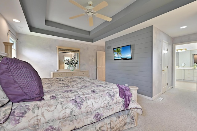 3430 Sandstone Ct, Lake In The Hills, IL 60156 - carpeted bedroom featuring baseboards, ensuite bathroom, recessed lighting, and ceiling fan