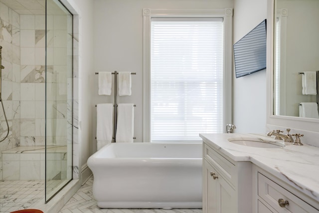 bathroom with plus walk in shower and vanity