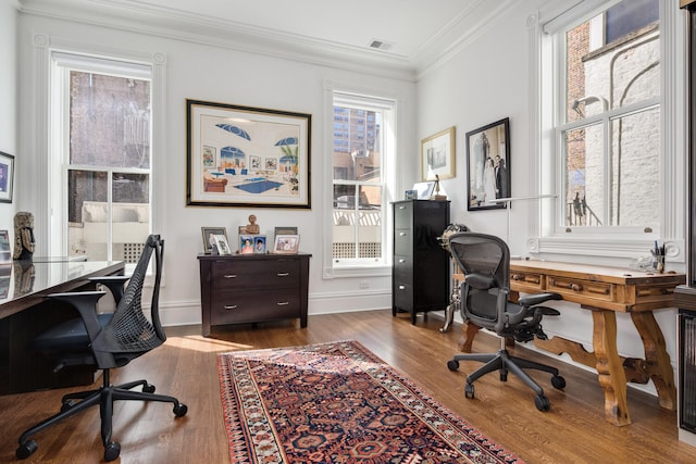 office space featuring wood-type flooring and ornamental molding